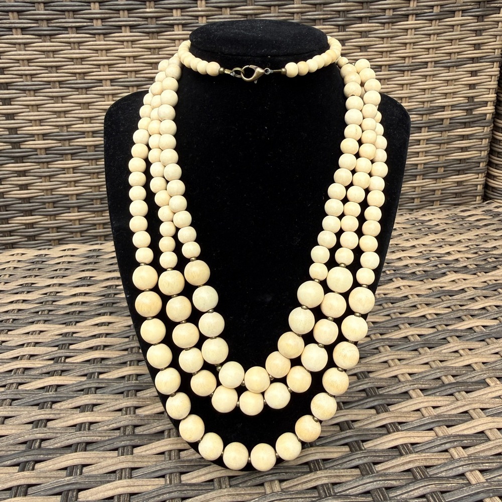 Wood Bead Multi Strand Necklace Tiered Layered Statement Boho Natural Neutral